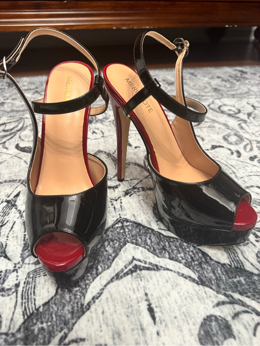 Black Patent Leather Peep-Toe Platform Heels with Red Accent